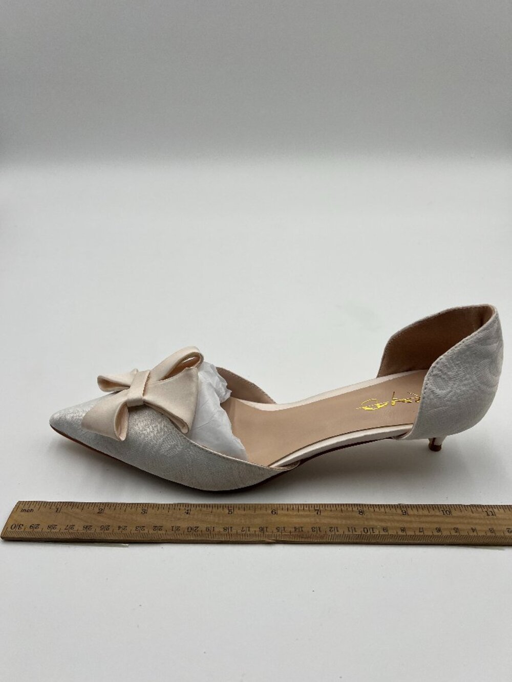 XYD White D'Orsay Kitten Heel Bridal Bowknot Pumps Elegant Pointed Toe Shoes